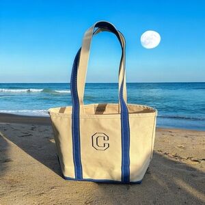 VTG LL Bean Boat And Tote White Blue Canvas Initial C 1990’s USA Shoulder CLEAN